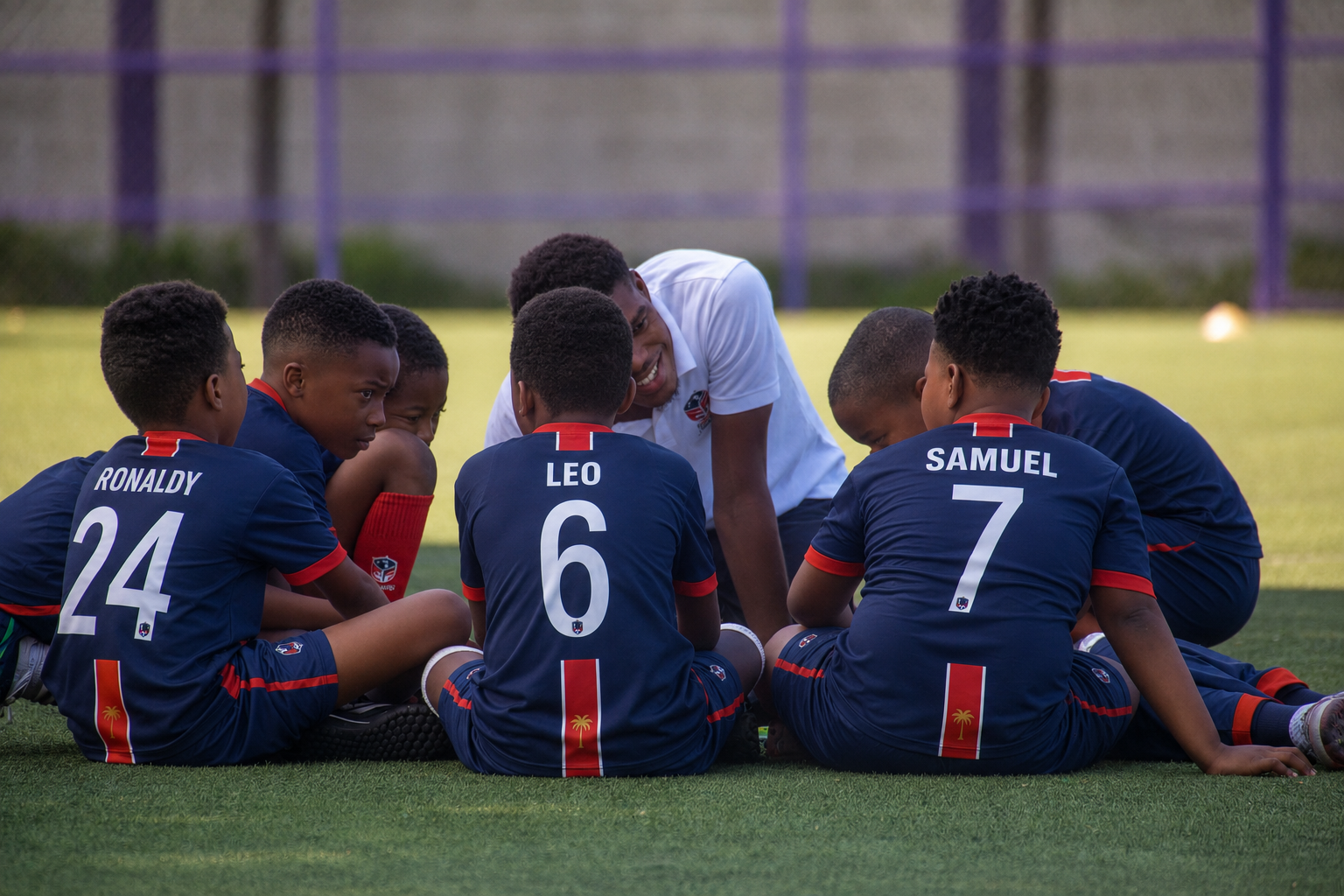 Students in Frères Football kits sitting in a team huddle with their coach